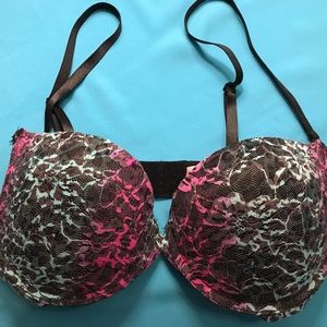 Turquoise and fuchsia patterned, padded, lace bra